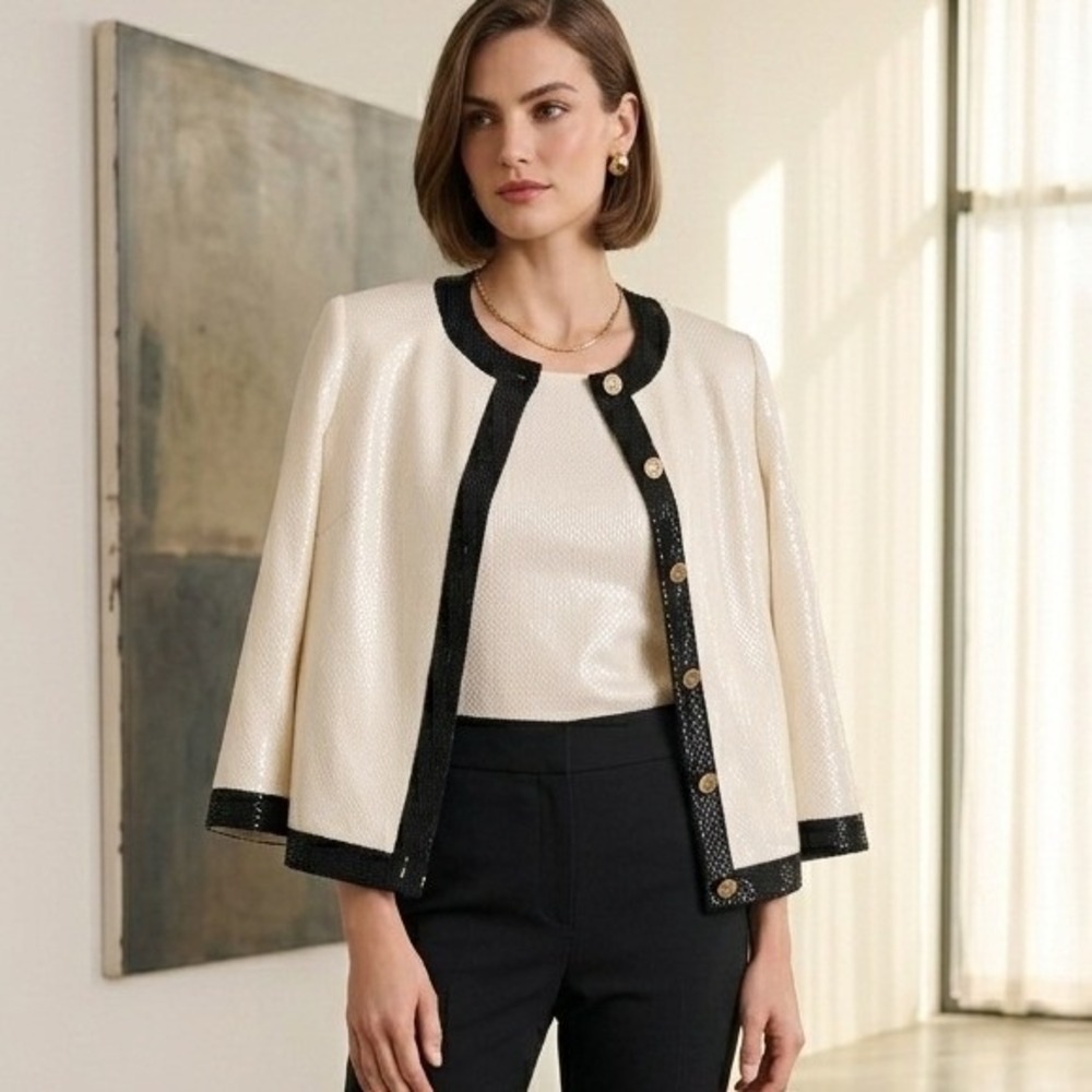 St John Evening Cream Black Sequin Knit Jacket Gold Button Cardigan Size M USA